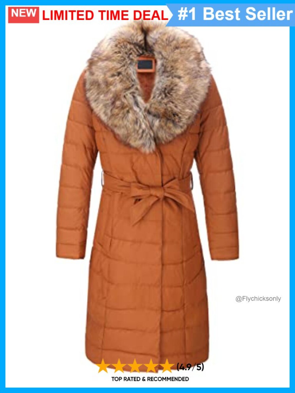 Faux Leather Quilted Puffer Long Winter Coat Removable Fur Collar Belted